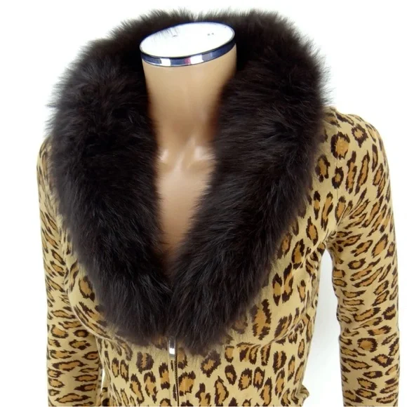 CACHE Zipper Sweater SMALL Leopard Animal Print Fox Fur Collar Knit Cardigan Top - Picture 6 of 15